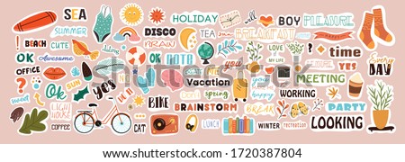 Very large collection of colorful stickers covering diverse subjects with text and picture icons for weekly or daily planners and diaries , colored vector illustration