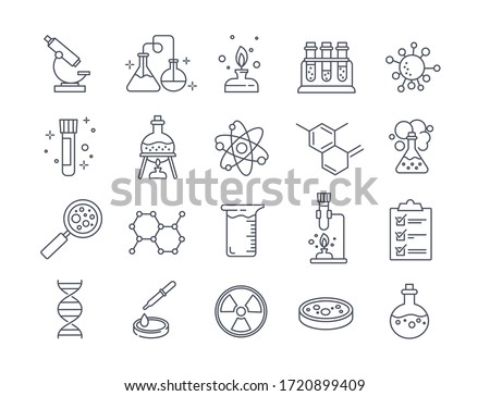 Large set of Chemistry lab and diagrammatic icons showing assorted experiments, glassware and molecules isolated on white for design elements, black and white vector illustration