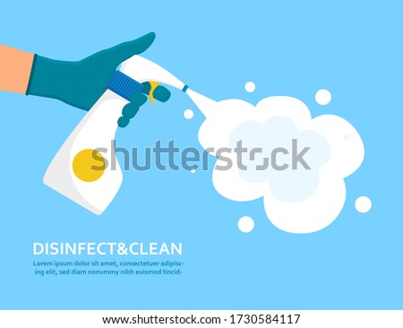 Disinfect and clean concept with a gloved hand spraying anti-bacterial spray from an atomiser bottle over a blue background with text, colored vector illustration