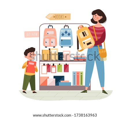 Mother and son buying school supplies in a store selecting a new backpack off the rack, colored vector illustration