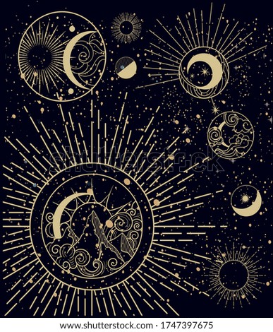 Card design showing the Moon Phases in intricate vector illustrations on a dark sky background for astrology concepts