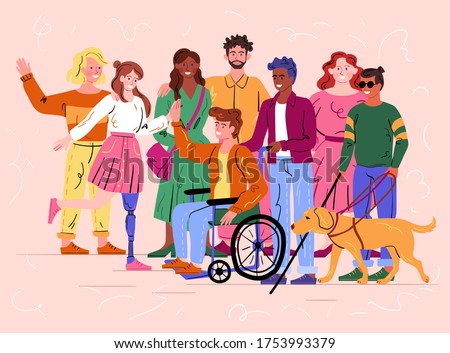 Group of diverse happy smiling disabled people and guide dog with an assortment of different handicaps on a pink background, colored vector illustration