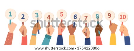 Long line of diverse hands holding up placards with numbers 1 through 10 isolated on white for design elements, colored vector illustration