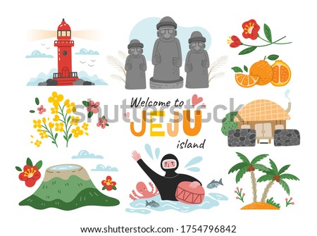 Welcome to Jeju Island, South Korea travel poster design with colorful icons of landmarks, volcano and a diver, colored vector illustration