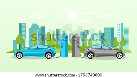 Alternative fuel concept with electric cars charging at charging points in front of a cityscape with skyscrapers, colored vector illustration
