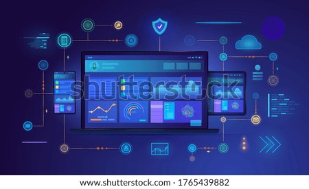 Cross platform website displayed on three on digital devices, a tablet, computer and mobile phone with surrounding internet icons, colored vector illustration