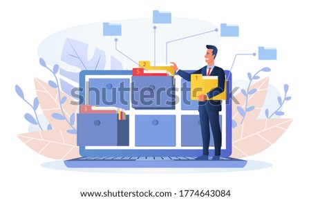 Businessman using an online database for market or business research or inputting information, colored vector illustration