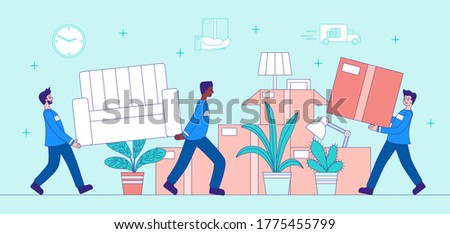 Transport and removals concept with workers carrying household furniture and a deliveryman carrying a large parcel, colored vector illustration