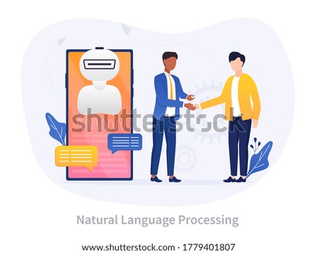 Natural Language Processing concept whereby AI gives computers the ability to read, understand and derive meaning from human languages as two men shake hands near a mobile device, vector illustration
