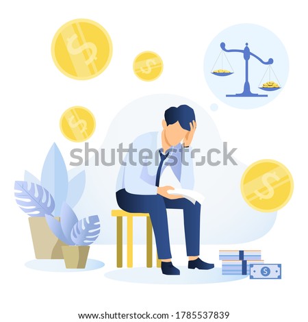 Depressed young man sitting on a chair reading a document and thinking about finding money for paying bills. Financial problems and bankruptcy concept. Flat vector illustration.