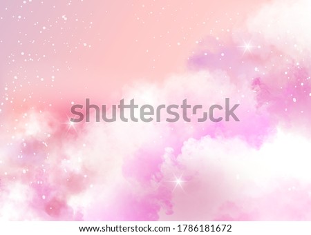 Ethereal background of formations of pink clouds and twinkling stars with copyspace, colored vector illustration