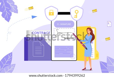 Concept of E-signatures in business documents. Vector illustration. Paperwork in network online Photo stock © 