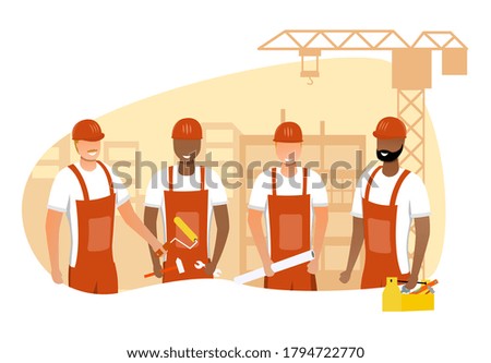 Vector illustration of team of builders. Happy builders working on construction site