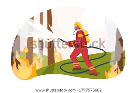 Vector illustration concept of fire protection. Firefighter wearing uniform is extinguishing fire in forest