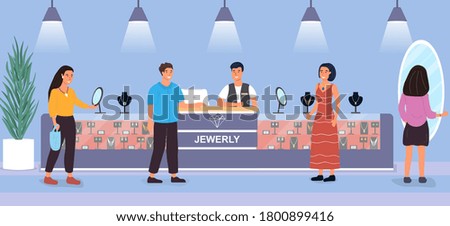 Diverse group of customers looking at jewellery on sale in a store with assistant behind the counter, colored vector illustration