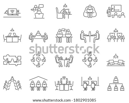 Large collection of co-working or teamwork icons showing groups of businesspeople in meetings or remote working, black and white line drawn vector illustrations