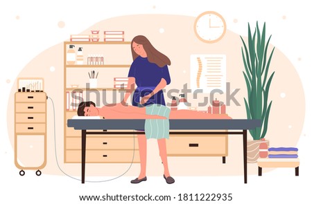 Woman massage therapist gives a massage to a young man lying on the couch face down. Flat vector illustration