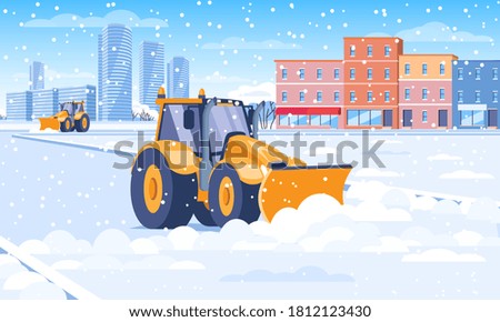 Snow plough clearing snow from a city street in winter in a concept of the seasons and transport, colored vector illustration