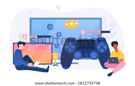 Two young men playing computer games cross platform on different play stations or boxes using digital devices, colored vector illustration