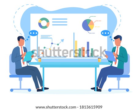 Two businessmen sitting discussing their affairs and analysing their statistical performance charts, colored vector illustration