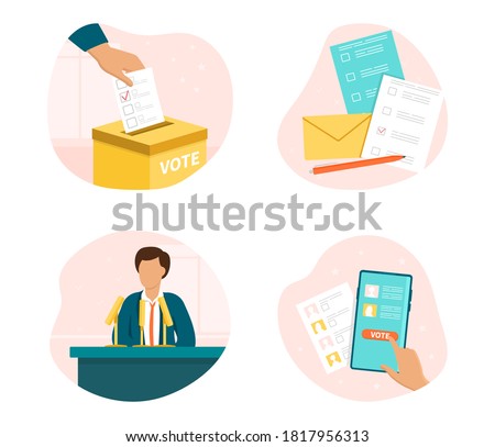 Election set with voting and campaigning showing a ballot box, postal vote, online voting and a contestant speaking, colored vector illustration