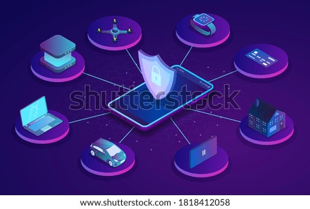 Universal online security system for personal possessions covering your house, car, bank cards, drone, and digital equipment, colored vector illustration