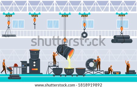 Metallurgy Industry concept with smelters and furnaces in a production plant or mine with workers, colored vector illustration
