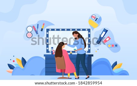 Makeup artist doing makeup for woman in beauty salon. Professional beautician and celebrity in armchair. Modern interior of beauty salon. Cartoon flat vector illustration