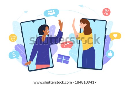 Customers sharing references and earning money. Mobile phones users chatting, exchanging gifts. Flat cartoon vector illustration for refer a friend, referrals, loyalty program, marketing concept