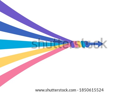 The abstract concept of teamwork, partnership, merger, alliance. Many multi-colored lines merge into a single arrow. Flat vector illustration isolated in white background. Сток-фото © 