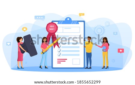 Business people like standard for quality control. Quality control standart abstract concept. ISO 9001 international certification concept. Cartoon flat vector illustration with diverse characters