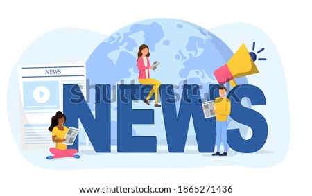 People around news sign sitting and reading newspapers. Mass media, breaking news, latest news. Global news abstract concept. Cartoon flat vector illustration isolated on white background