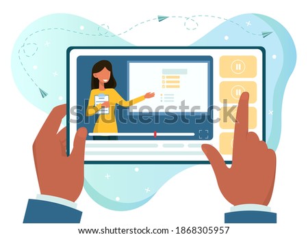 Hands holding tablet with online training. Concept of watching online lesson or training right on your mobile device. Flat cartoon vector illustration