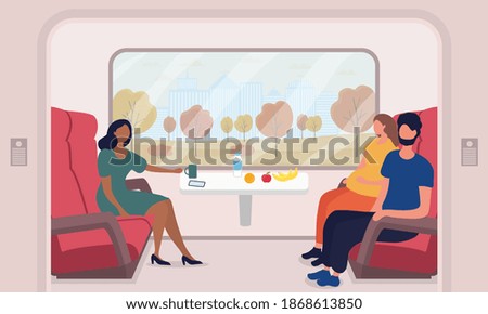 Multiracial male and female passengers travelling by train. People sitting in passenger car. Happy railway journey. Flat cartoon vector illustration