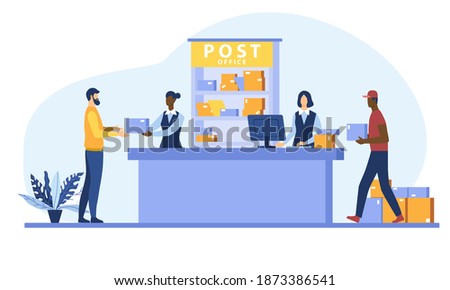 Postman giving parcel to customer in post office. Courier carrying boxes. Flat cartoon vector illustration for shipping, delivery, logistic service concept