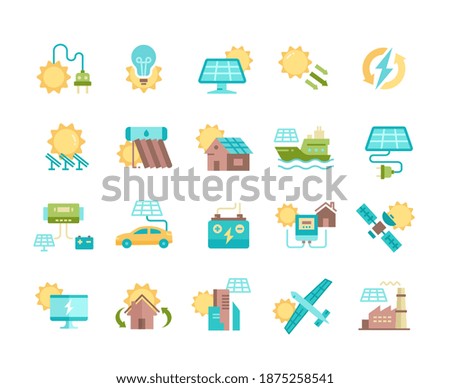 Solar panel colored icon set. Sun power photovoltaic PV home system and renewable electric energy technology editable stroke line signs house, cell, battery, vehicle, aircraft and spacecraft, ship