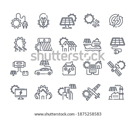 Solar panel outline icon set. Sun power photovoltaic PV home system and renewable electric energy technology editable stroke line signs house, cell, battery, vehicle, aircraft and spacecraft, ship