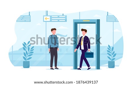 Young man with suitcase going through inspection at airport near police. Concept of police security at the airport checking every passenger and visitor. Flat cartoon vector illustration