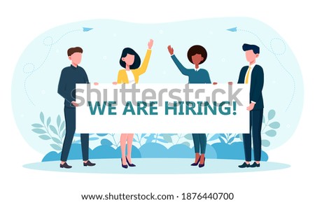 Male and female characters offering to hire people. Concept of recruitment and agency interview. Men and women offer to join their team. Flat cartoon vector illustration