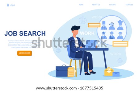 Unemployed male character searching job vacancy. Looking for work or job. Concept of employment service and job interview. Website, web page, landing page template. Flat cartoon vector illustration