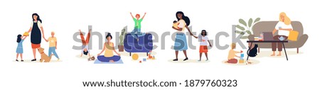 Tired multiracial mothers trying to work, to relax, mom of two kids, children playing, jumping and running around her. Set of flat cartoon vector illustration isolated on white background