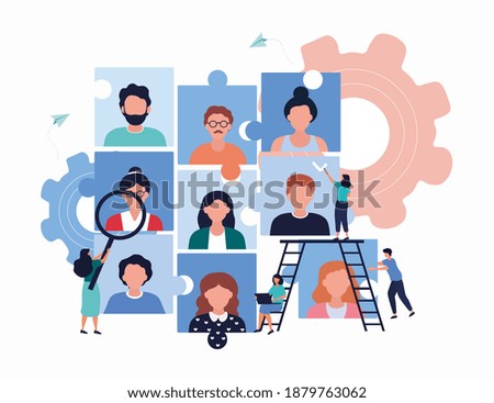 Company employment vacancy, human resources concept with interlocking graph of jigsaw puzzle pieces showing diverse people and business personnel conducting a search head hunting, vector illustration