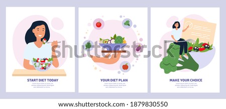 Vegetarian concept with healthy fresh diet showing a woman eating salad, bowl of greens and making a choice. Set of vector illustrations