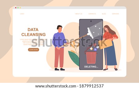 People cleaning data on smartphone. Concept of data and cache cleansing to reduce lagging and slow performance. Website, web page, landing page template. Flat cartoon vector illustration