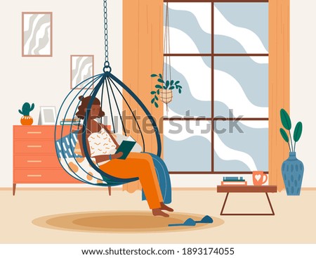 Relaxed female character is sitting in comfy hanging chair and reading a book. Woman is reading a book at cozy home interior. Concept of relaxation in comfort. Flat cartoon vector illustration