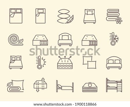 Set of linens black and white icons. Contains multilayer mattress, blanket, pillows, single and double bed, bunk bed, weather conditions and other symbols, signs and icons. Outline vector illustration