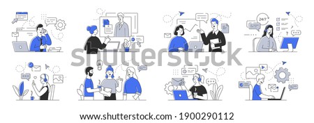 Creative set of outline vector illustrations depicting business people communicating with each other and customers. Simple style vector illustrations isolated on white background,