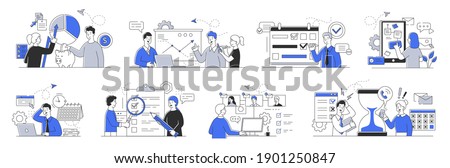 Bundle of time management and planning concept. Business people successfully doing various business activities. Set of minimal style flat cartoon vector illustrations