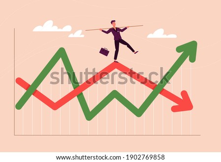 Financial investment volatility, up and down arrows profit graph due to Coronavirus crisis, businessman trying to balance like a tightrope walker so that volatility does not gobble up his investments Foto stock © 