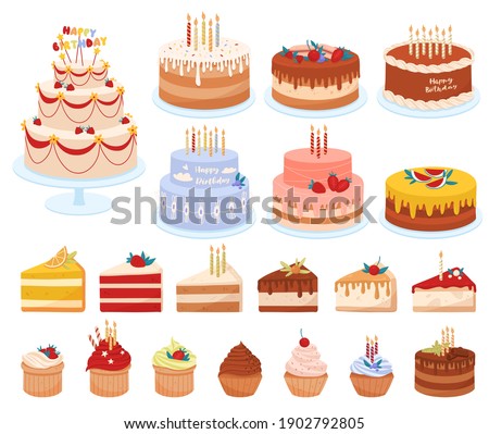 Delicious desserts, pastries, cupcakes, birthday cakes with celebration candles and chocolate slices. Set of colorful cartoon vector illustrations isolated on white background